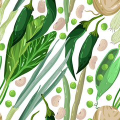 Fototapeta na wymiar Vector illustration. Healthy green food. Turnips, peas, onions, hot peppers, beans. Handmade, light background, seamless pattern
