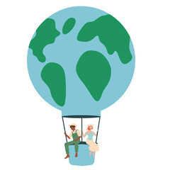 Balloon in the shape of the earth globe. African american man and european woman. Earth day, eco-friendly, saving planet, sustainability, globalization, racism, feminism, gender equality  concepts