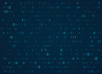 Blue matrix background. Abstract binary code wallpaper, template for hackathon and other digital programing event. Big data digits pattern, zero and one symbol.