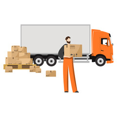 Man holds a cardboard box. Delivery van with boxes. Express delivery services commercial truck. Isolated vector illustration