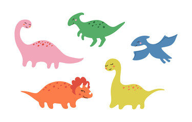 Cute little smiling dino girls set drawn in doodle style. Funny kids vector illustration of prehistoric animals for printing on stickers, postcards, textile, games