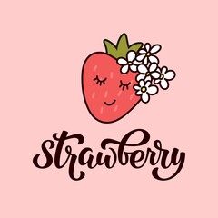 Cute Strawberry Lettering Vector Illustration with blossom flowers on pink background. Template for t shirt, cover, poster, flyer, post card, banner, social media 
