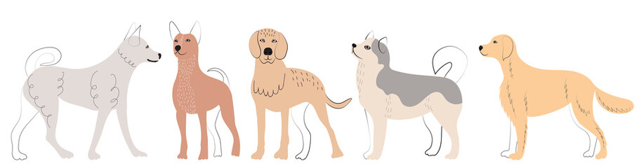 dogs stand doodle sketch, outline, isolated, vector