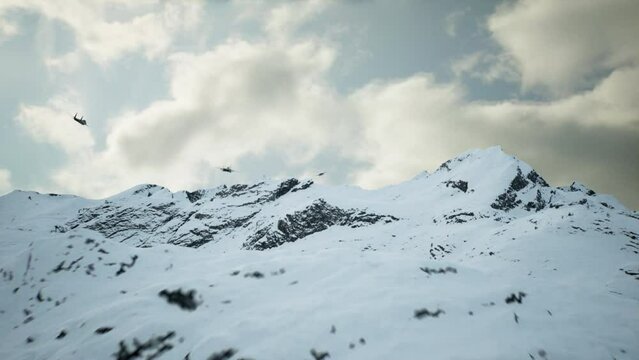 Military airplanes, fighter planes flying fast in the mountains. Beautiful mountain snow-covered landscape. 3D rendering