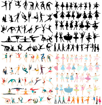 kids gymnasts and ballerinas set, collection in flat design isolated, vector