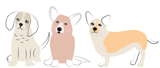 small dogs doodle sketch, outline, isolated, vector