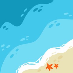 Seaside top view. Sand and ocean with starfish, paradise landscape, summer vacation square card, travel background. Tropical resort poster or banner, vector beach illustration