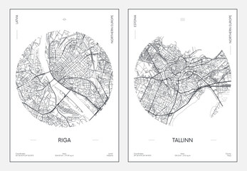 Travel poster, urban street plan city map Riga and Tallinn, vector illustration - obrazy, fototapety, plakaty