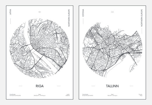 Travel poster, urban street plan city map Riga and Tallinn, vector illustration