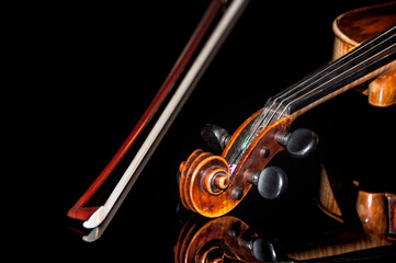Professional violin on grand piano. Black background