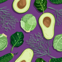 Vector illustration. Healthy green food. Avocado, dill, Brussels sprouts, cucumber. Handmade, dark background, seamless pattern