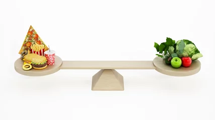 Foto op Canvas Fast food versus healthy food standing in balance at two ends of the seesaw. 3D illustration © Destina