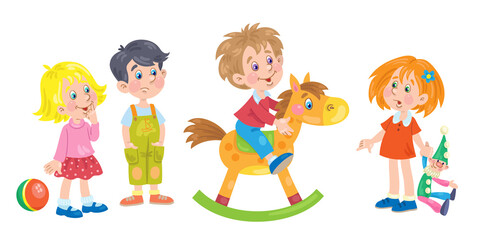 Obraz na płótnie Canvas Kids are playing. Funny little boy on a wooden rocking horse and his friends around. In cartoon style. Isolated on a white background. Vector illustration