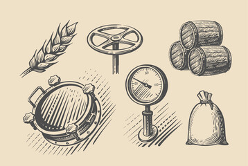 Beer brewing sketch. Tank hand drawn engraving distillate.