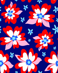 Abstract Hand Drawing Large Peony  Poppy Retro Flowers and Leaves Seamless Vector Pattern Isolated Background