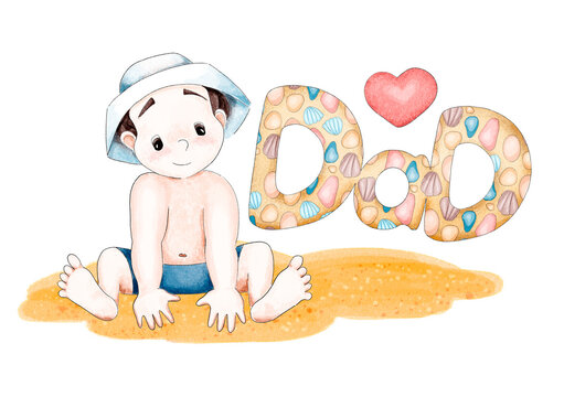A cute little cartoon boy in a panama hat and swimming shorts sits on the beach. There are word dad and heart near to him. Digital illustration in the style of watercolor. Sublimation for Father's Day
