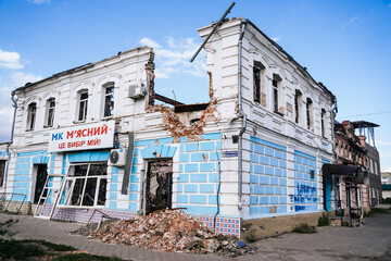Destroyed and burnt civilian houses and shops in the town of Trostyanets. Sumy region. Civil...