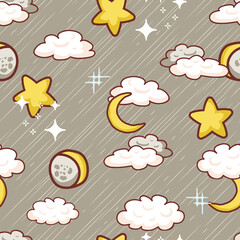 Night Sky with Clouds and Moon Vector Seamless Pattern