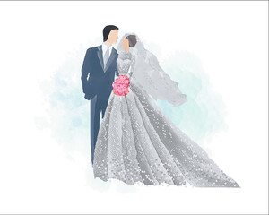 watercolor wedding illustration, romantic couple, bride and groom, husband and wife, man and woman, just married
