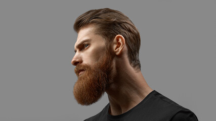 Young bearded man close-up portrait in profile. Excellent beard and hairstyle. Male model close up...