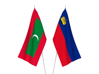 National fabric flags of Maldives and Liechtenstein isolated on white background. 3d rendering illustration.