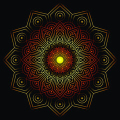 bohemian mandala print, antistress coloring book, tattoo design oriental or indian, islamic mysterious hand drawn ornament for meditation or yoga vector illustration. Black and gold color