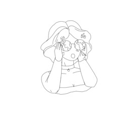 Frustrated stressed woman looking through wearing broken glasses outline vector. Bad vision and observation concept