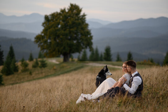 wedding couple with dog in mountains at sunset. romantic evening in mountains.
