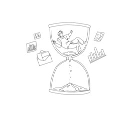 Man drowning in sand hourglasses outline vector illustration. Time management metaphor, multitasking performance, deadline concept
