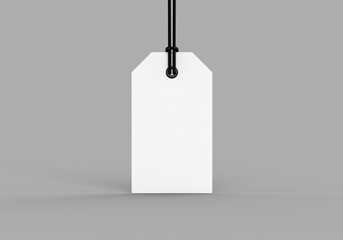 White blank tag with tied thread on gray background. Price tag mock up template for branding identity  for graphic designers presentations and portfolios. 3D rendering.