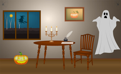 Scary Halloween room with ghost, pumpkin and witch flying, vector illustration