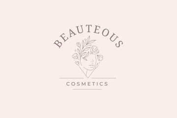 Minimalist portrait beauty woman bloom plant hairstyle line art frame place for text logo vector