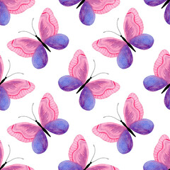 Fototapeta na wymiar Hand-drawn butterflies seamless pattern on white background. Purple and pink beautiful watercolor wings. Simple fabric and wallpaper print