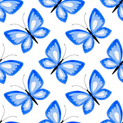 Blue butterflies isolated on a white background. Hand-drawn watercolor insects with beautiful wings. Simple seamless pattern 