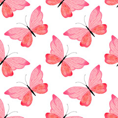 Red watercolot flying butterflies isolated on a white background. Summer seamless pattern with hand-drawn insects. Beautiful wings