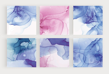 Blue watercolor social media backgrounds with alcohol ink texture
