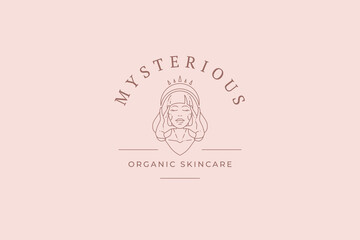 Mythical queen woman face tiara touching skin beauty care portrait minimalist line art logo vector
