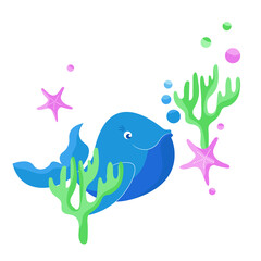 Vector illustration of whales, corals and starfish. Isolated on white background.