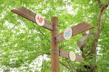 Pointer sign in city park with various directions to animals and birds