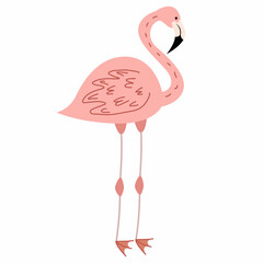 Vector illustration of a pink flamingo on a tree in a flat style, isolated on a white background.