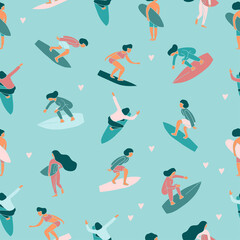 Surfers girls and boys with surfboards seamless pattern, wave riders and summer outdoors activities background. Beach sport, miami ocean surfers for cover, textile, fabric wallpaper