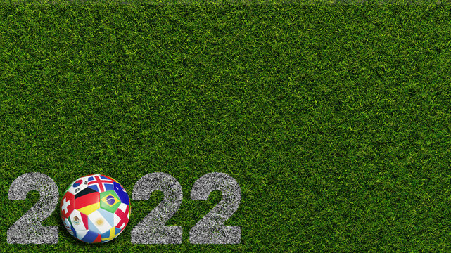 Fußball mit Flaggen vieler Länder und Wort 2022 zur WM