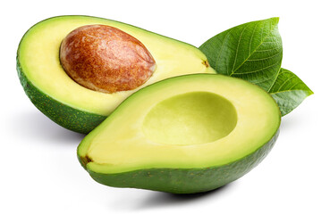 Isolated avocado with leaf. One whole avocado fruit on white background with clipping path. As design element.