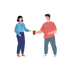 Vector cartoon flat happy family characters,young parents smiling,dad gives mom drink cup-positive emotions,healthy family relationships social concept,web site banner ad design