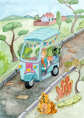 Girl florist in the truck with flowers. Simple colorful 
watercolor illustration.