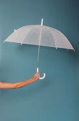 Female hand holding a transparent umbrella on blue background. Photo in studio. © Camila Miranda