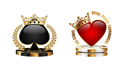 Poker tournament emblem logo isolated on white background. Black spades in golden crown and laurel wreath. Royal red hearts on stack of white casino chips. Vector VIP casino sign design set - 508227794