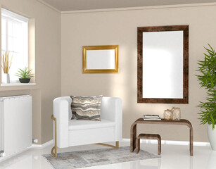 modern style living room, mock up 2 frames on the wall, mock template, 3D rendering, 3D illustration
