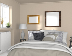 modern style bedroom, mock up 2 frames on the wall, mock template, 3D rendering, 3D illustration