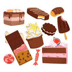 Sweet food with chocolate flavor set vector illustration. Cartoon pieces of biscuit and cake with pink or cocoa mousse cream, dark chocolate bars, candy in wrapper and cupcake isolated on white